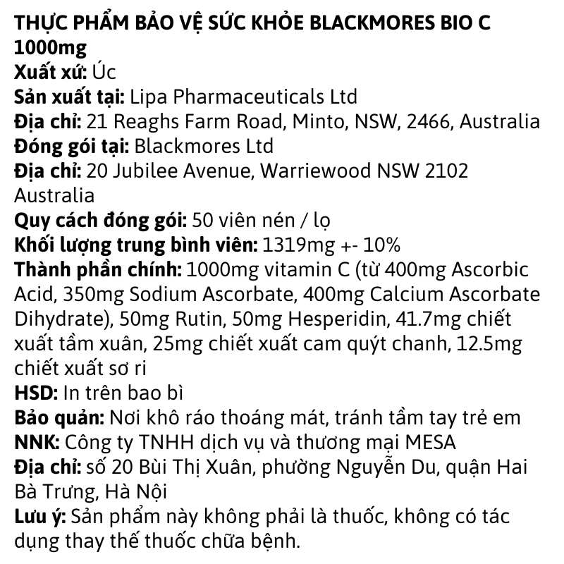 Blackmores Bio C 1000mg - 31 viên